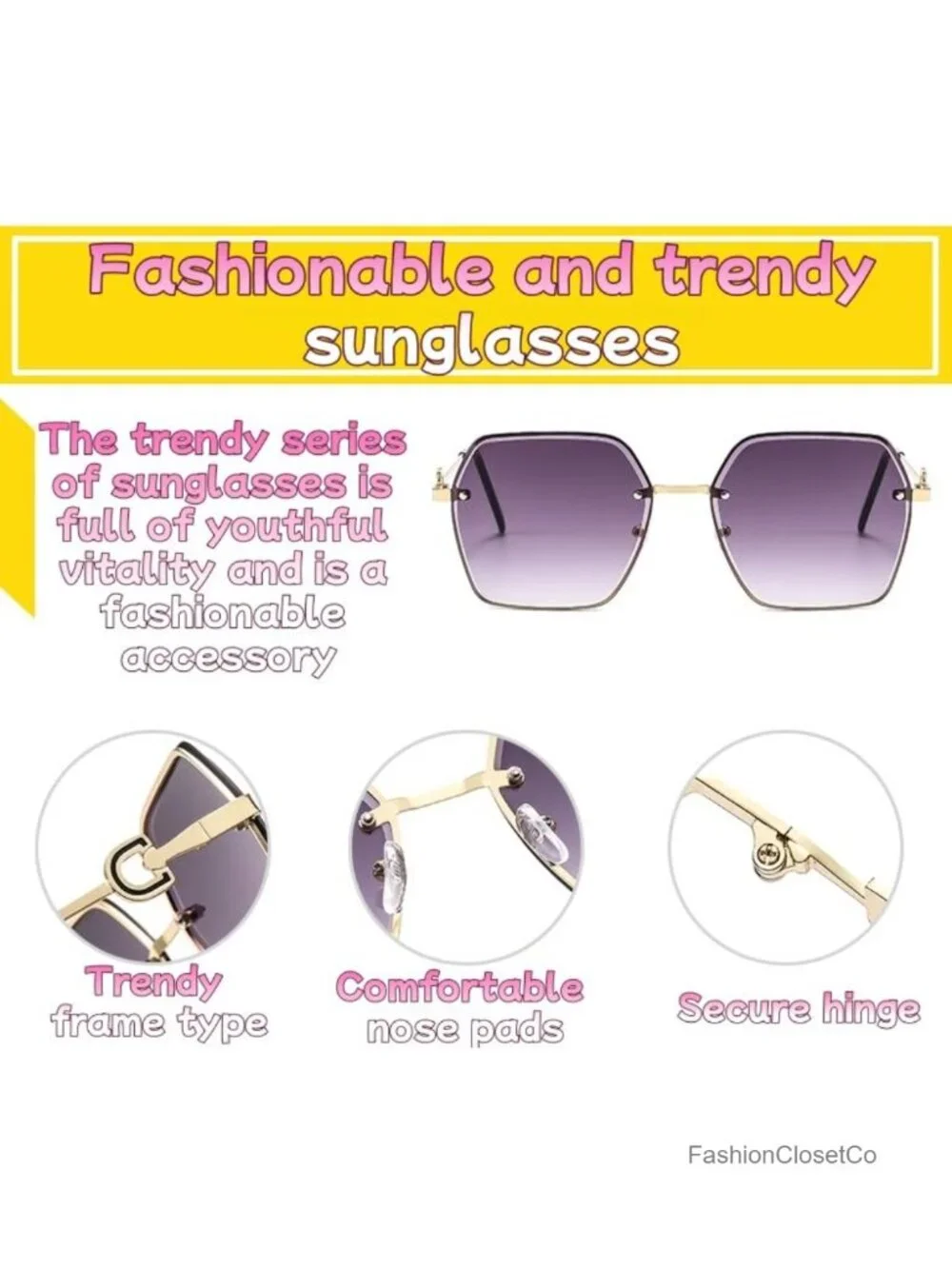 Frameless Square Sunglasses UV400 Gradient Lens Lightweight for Women Driving